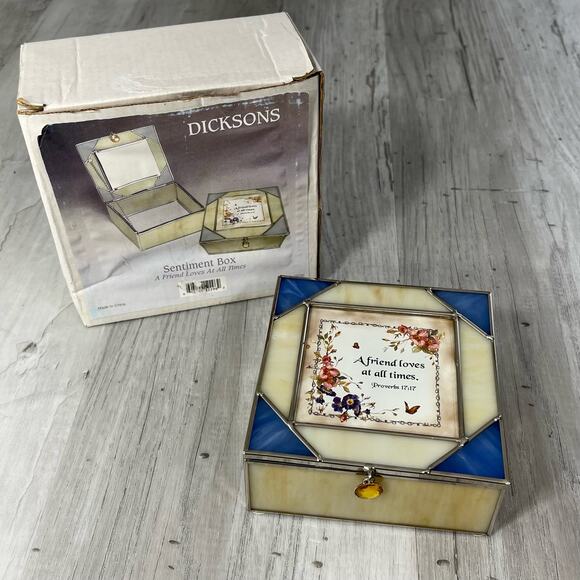 Vintage Dicksons Stained Glass Sentiment Box Floral Butterfly Trinket Jewelry - Picture 1 of 10